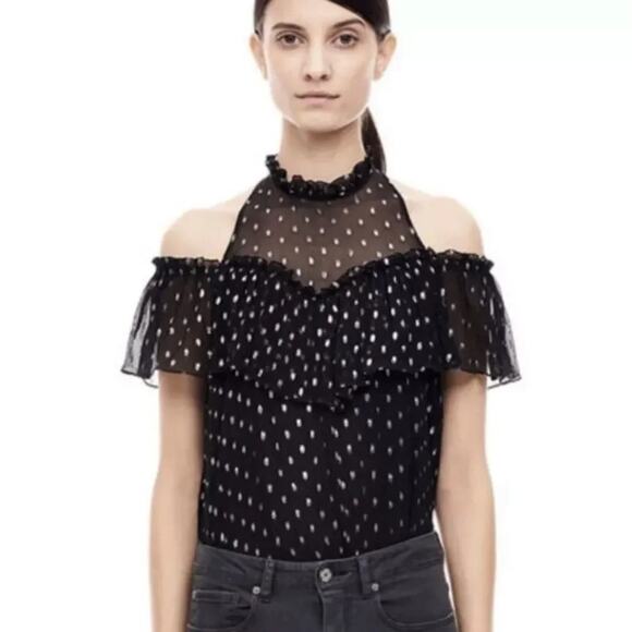 Rebecca Taylor Black and Metallic Cold Shoulder Top Size Small MSRP $350 - Picture 1 of 5